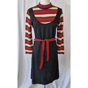 Vintage 60s The Red Eye Womens Gray Red White Sweater Dress S/M